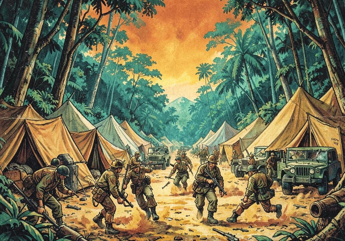 Painted illustration of a mercenary camp of tents and jeeps in the jungle