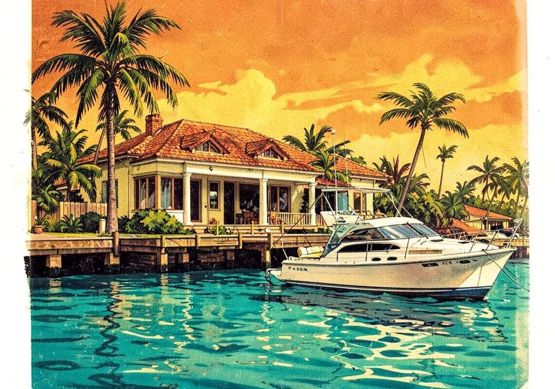 Painted illustration of a Florida waterfront villa with palms and a moored boat