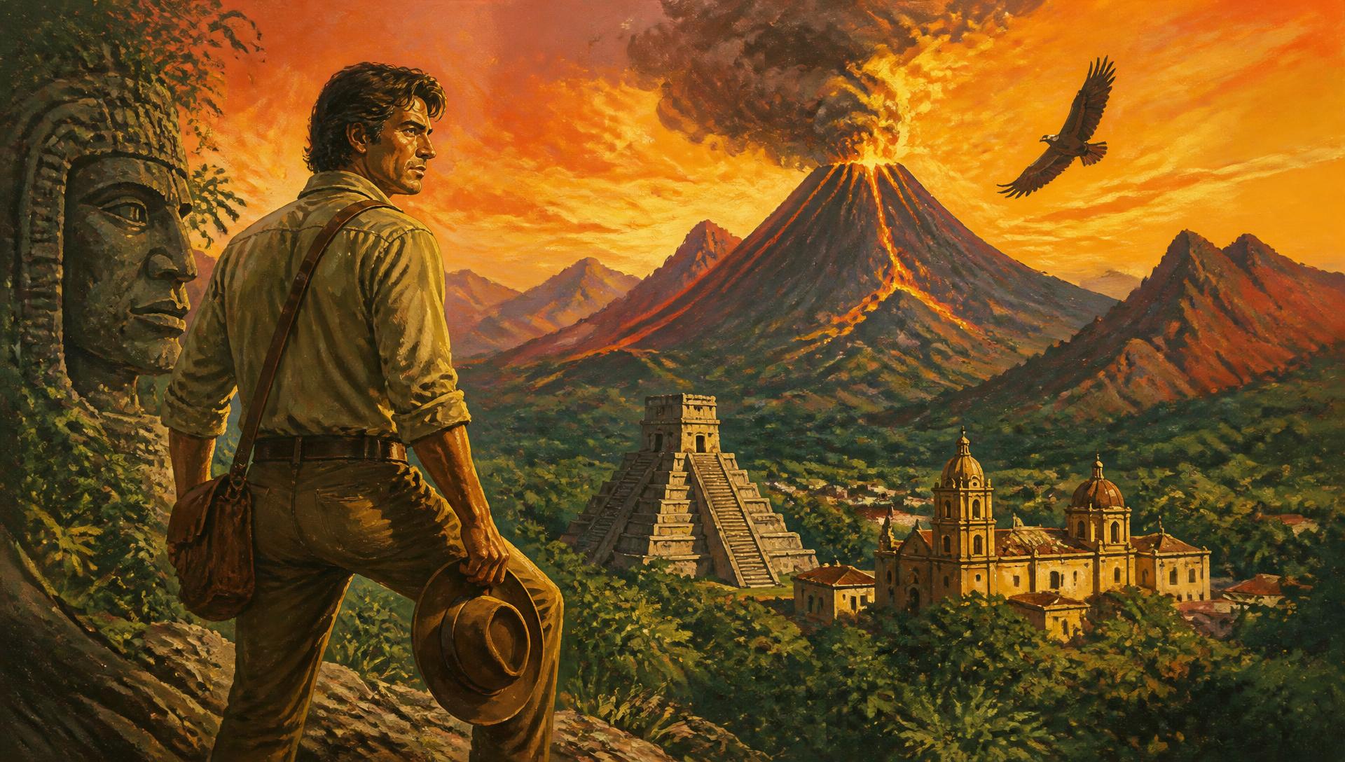 Painted cover illustration: an American traveller looks out over a Coronado valley with an erupting volcano, a stone pyramid and a colonial cathedral